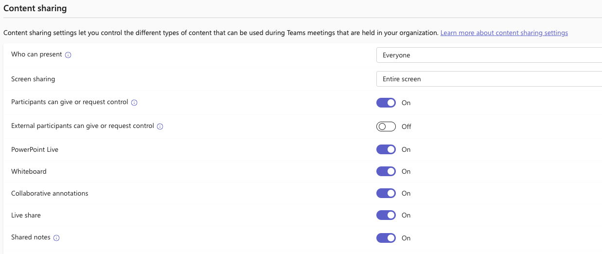 Image 8: Content sharing configuration screenshot on Microsoft Teams