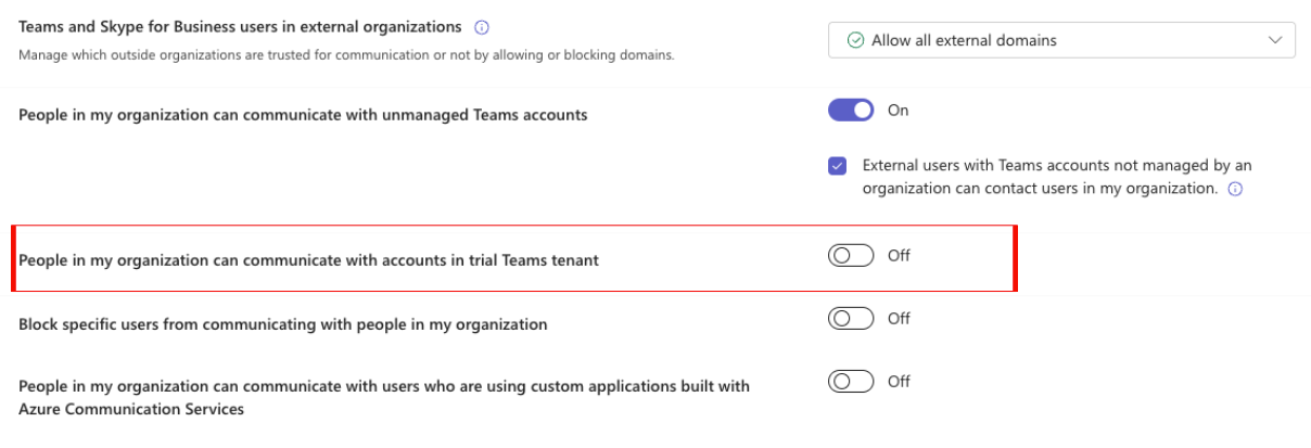 Image 2: Default Settings: People in my organization can communicate with accounts in trial Teams tenant