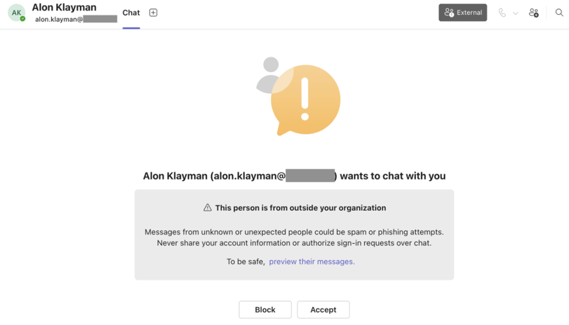 Image 5: Microsoft Teams external communication warning pop-up