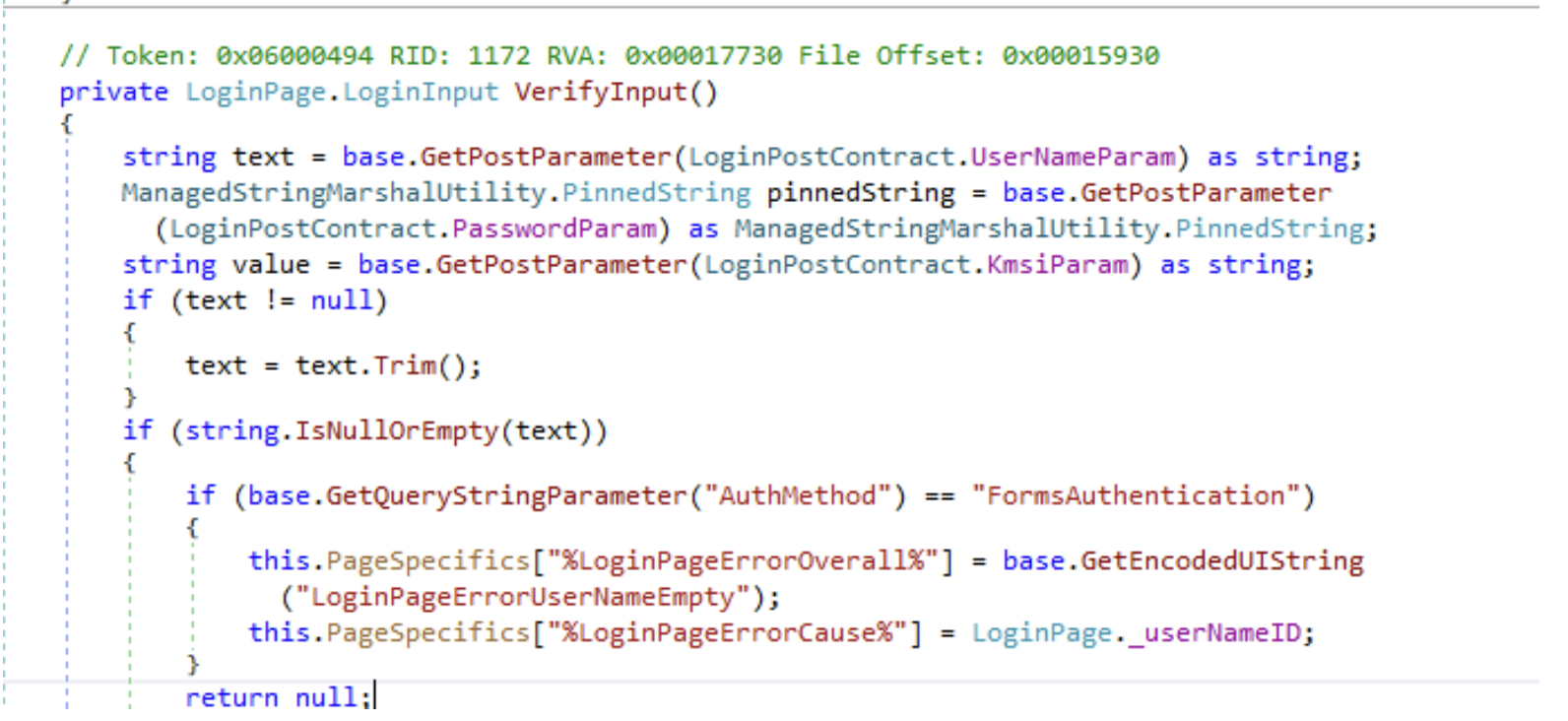 Screenshot of C# code verifying user input in AD FS, including methods for trimming and checking for empty fields with error handling for Forms Authentication
