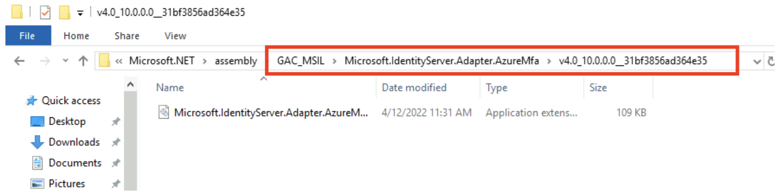 File explorer view showing Microsoft.IdentityServer.Adapter.AzureMfa DLL version 4.0 loaded from Global Assembly Cache (GAC) under GAC_MSIL directory