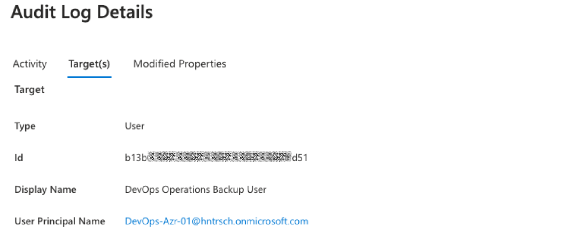 Screenshot of azure audit log showing a password reset and the target