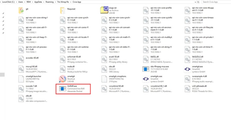 The attacker uses UnRAR.exe to unpack a malicious DLL, enabling a DLL sideloading exploit that bypasses security controls and launches the next attack phase.