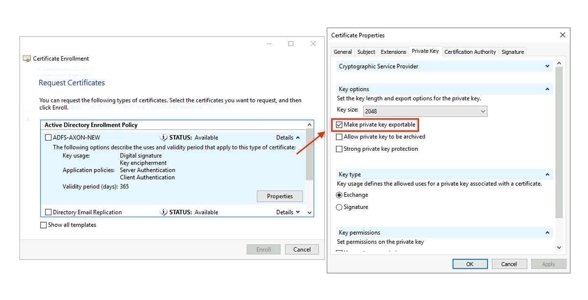 Vulnerable certificate settings in the AD CS 