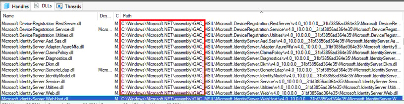 Screenshot showing AD FS adapter DLLs loaded from Global Assembly Cache (GAC) during service initialization