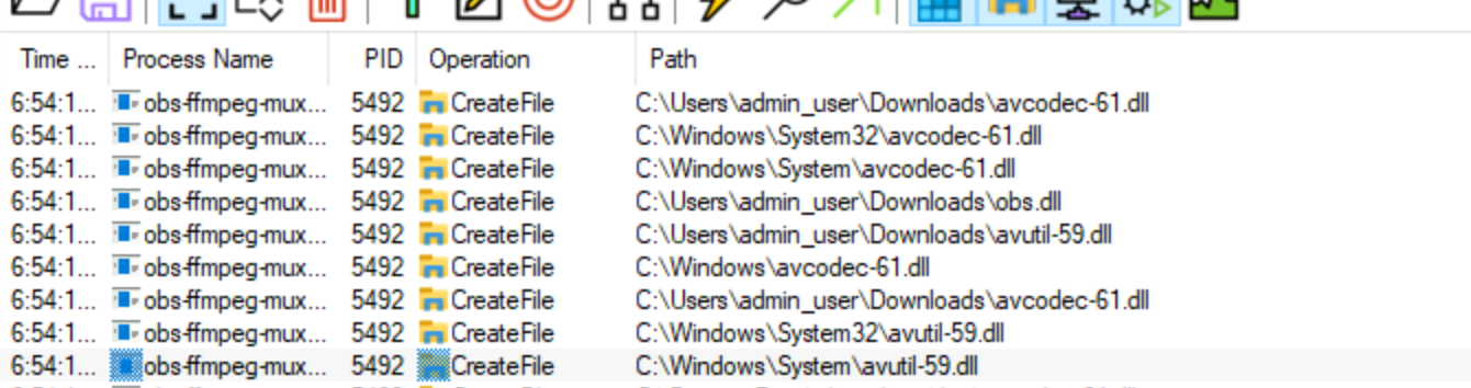 Screenshot of Procmon with filter "DLL file not found"