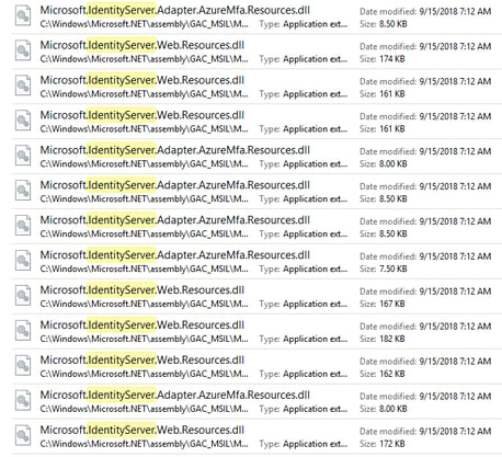 File explorer view listing multiple Microsoft.IdentityServer.Adapter.AzureMfa.Resources.dll and Microsoft.IdentityServer.Web.Resources.dll files loaded from Global Assembly Cache (GAC) directory