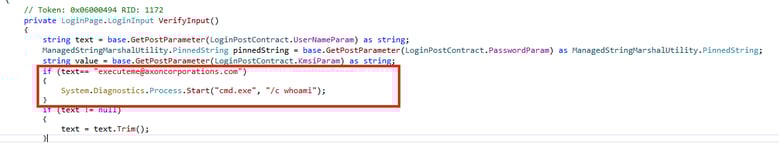 Code snippet showing conditional execution of a whoami command using System.Diagnostics.Process in C#, triggered when email matches