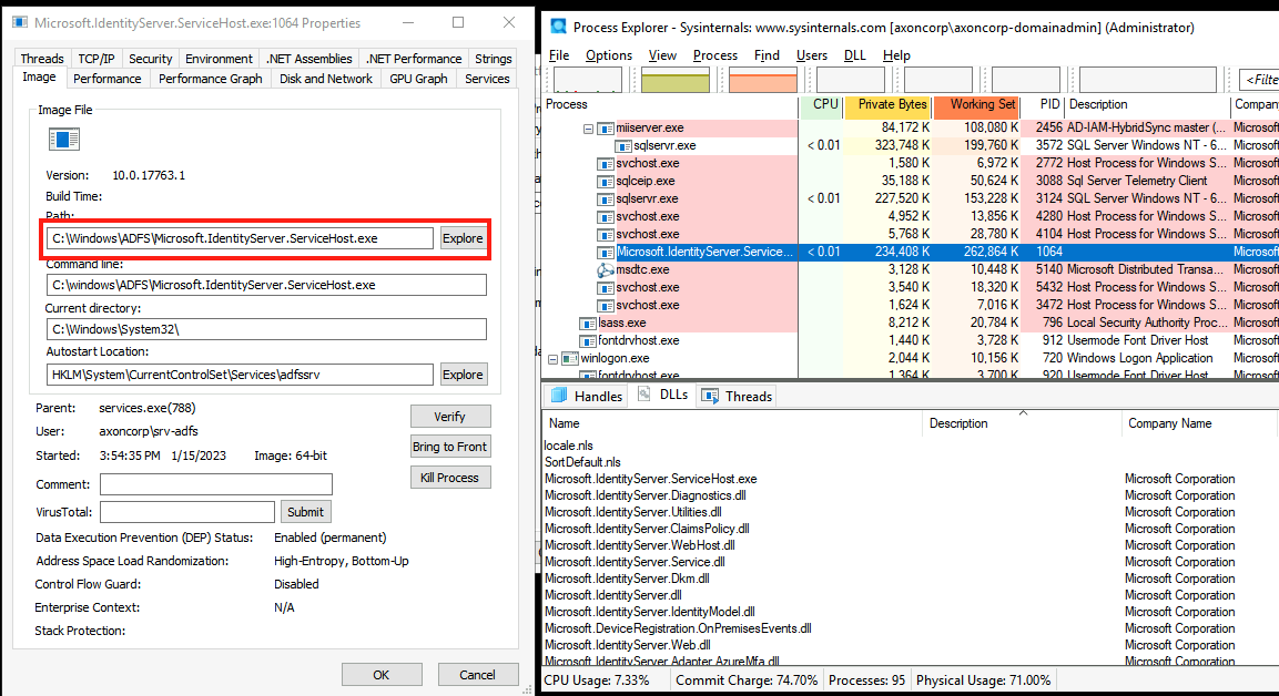 Screenshot of Task Manager showing Microsoft.IdentityServer.Servicehost.exe AD FS service process loaded into memory
